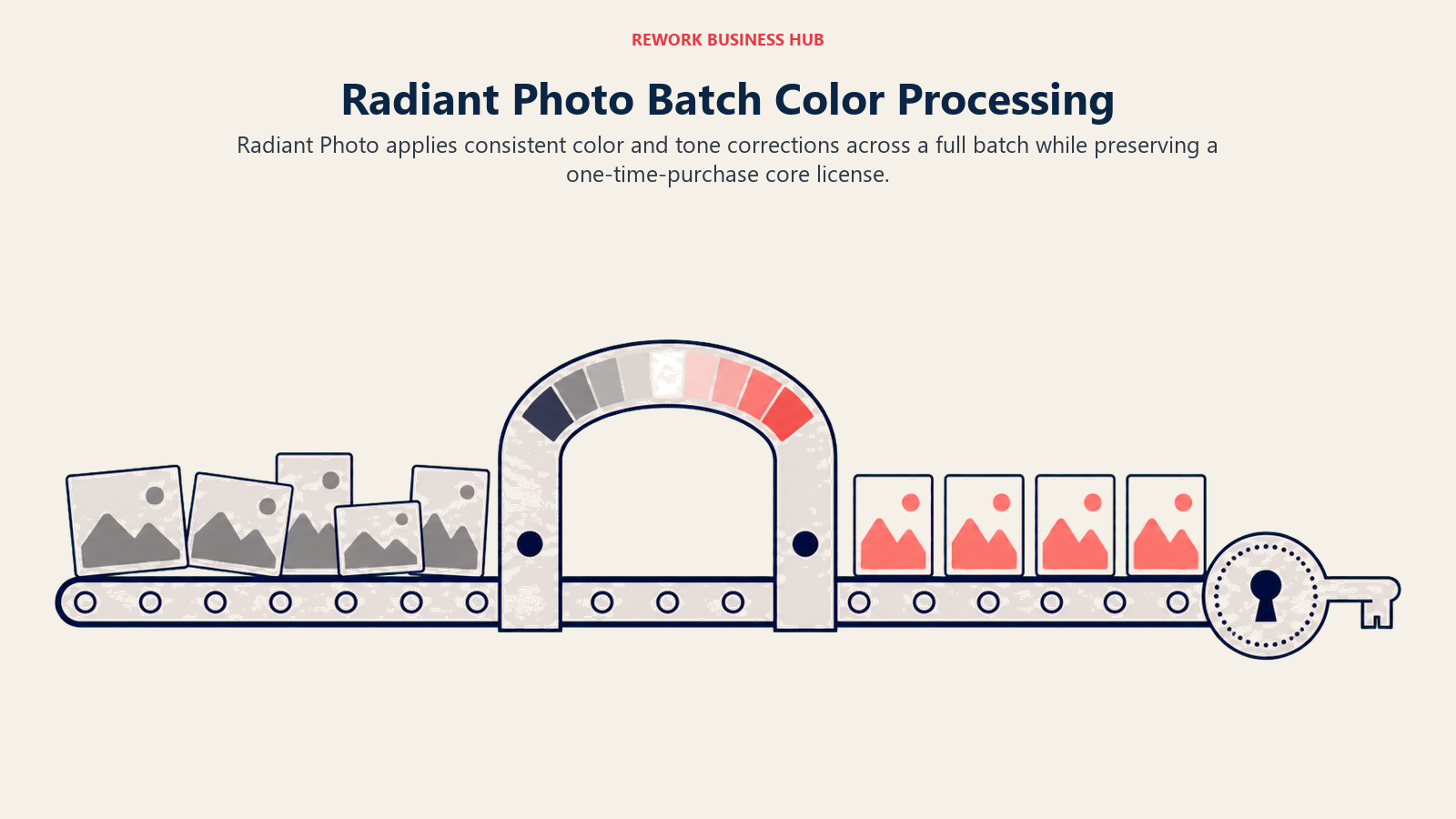 Radiant Photo Batch Color Processing shown as wide batch color conveyor with ownership seal