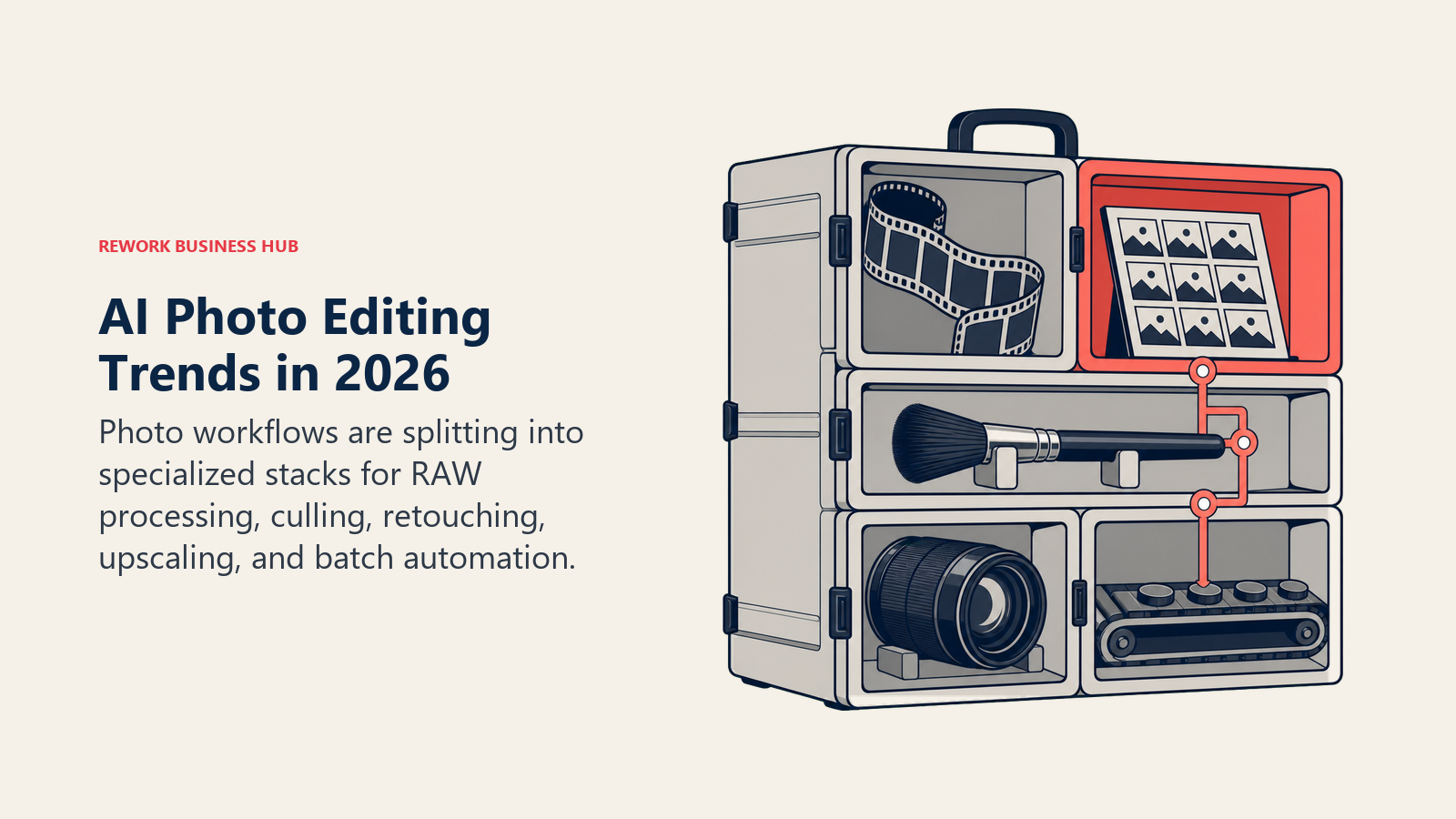 AI Photo Editing Trends in 2026 shown as modular photography tool cabinet