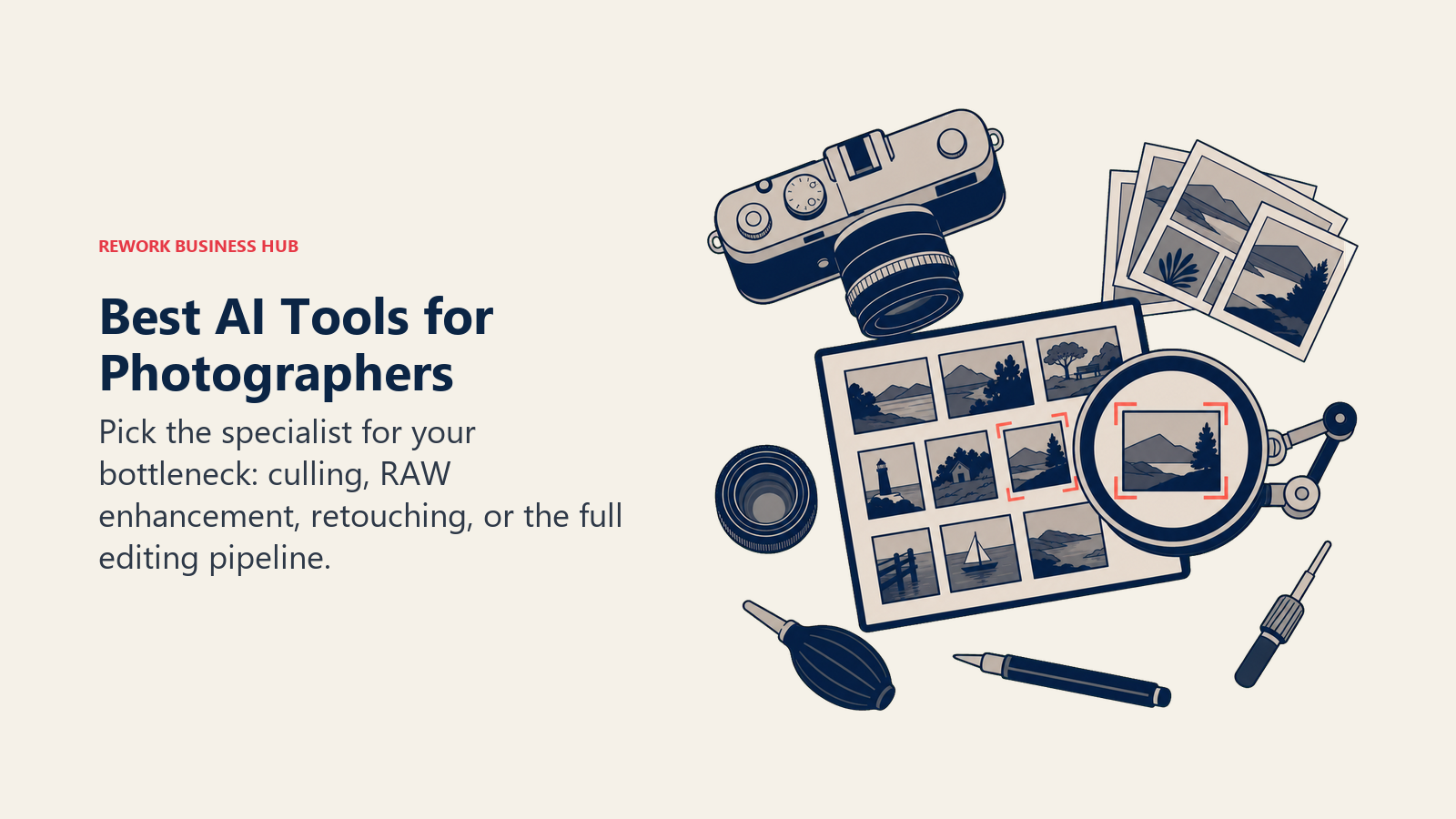 Best AI tools for photographers shown as a camera contact sheet selecting and refining one image