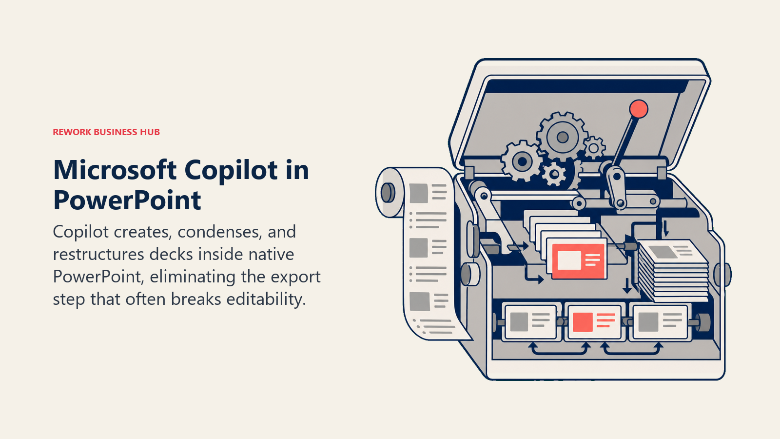 Microsoft Copilot in PowerPoint illustrated by native slide editing workbench