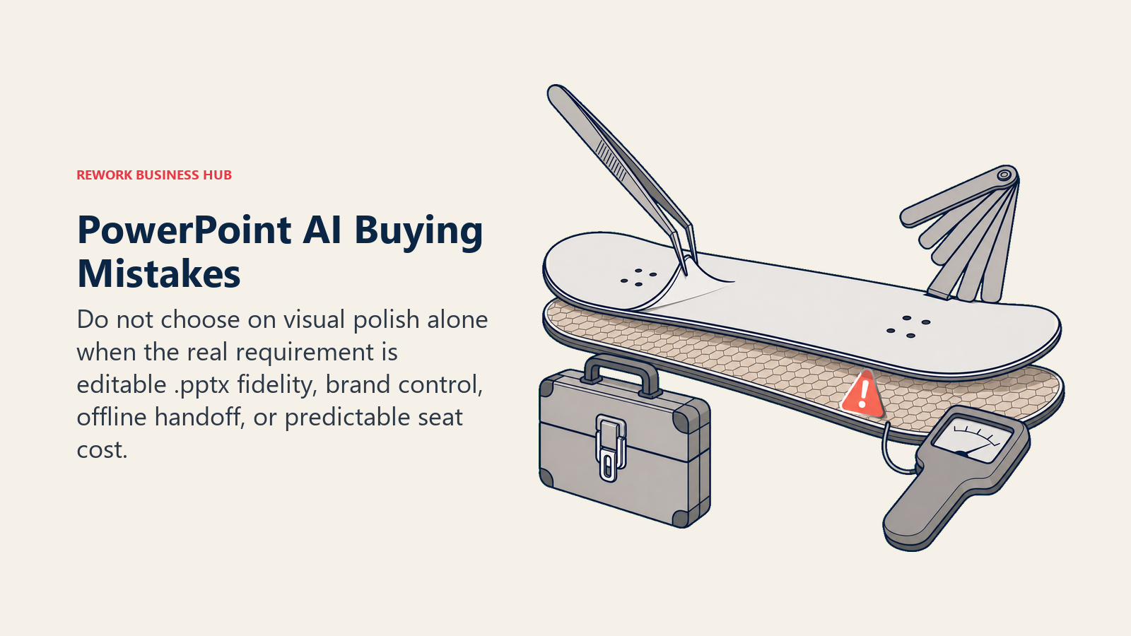 PowerPoint AI Buying Mistakes illustrated by presentation procurement inspection bench