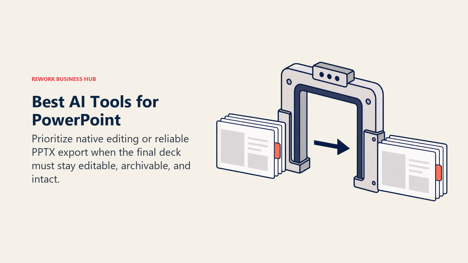 Best AI tools for PowerPoint shown as an editable slide deck passing intact through an export gate