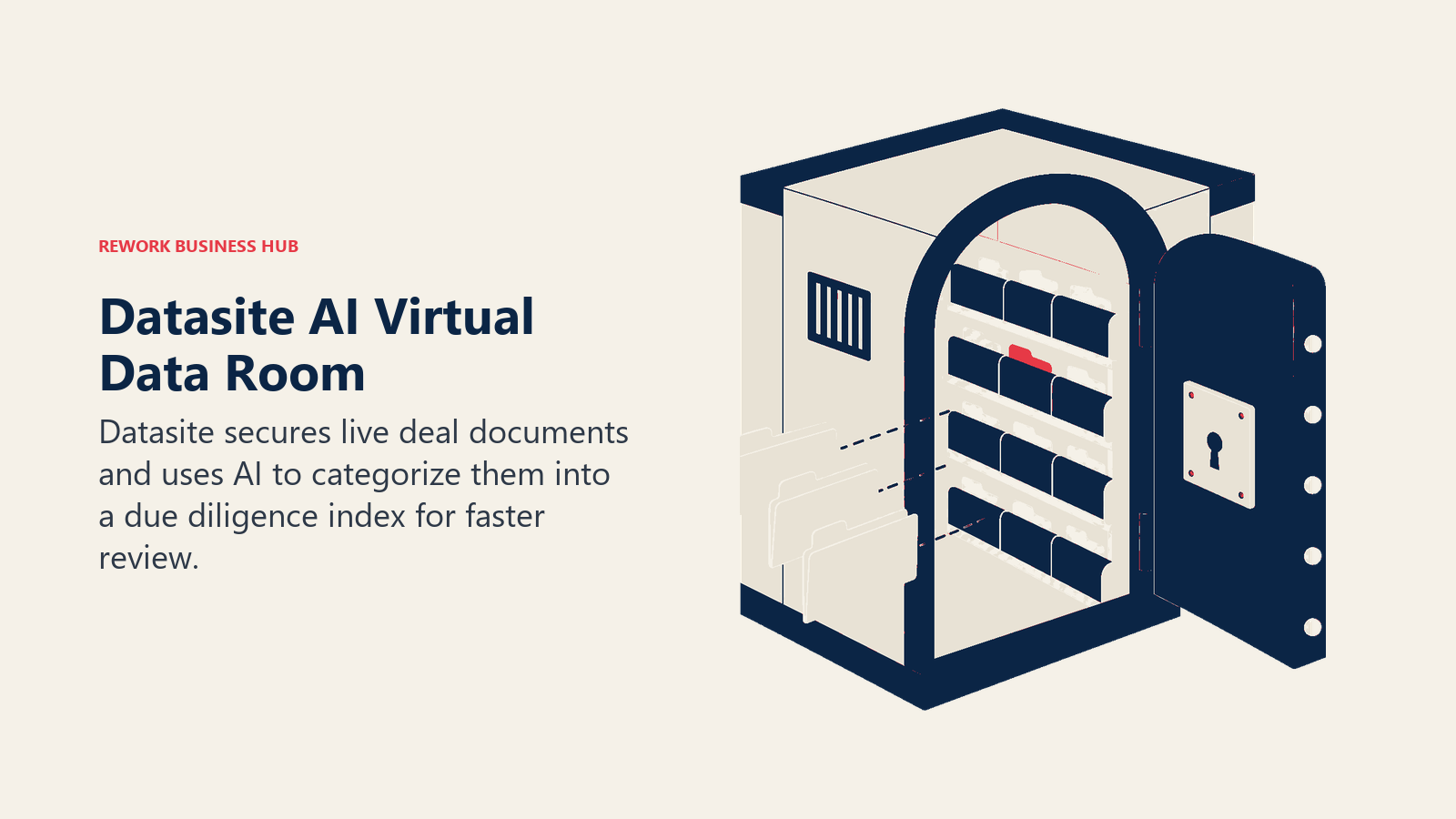 Datasite AI Virtual Data Room illustrated with secure indexed document cabinet