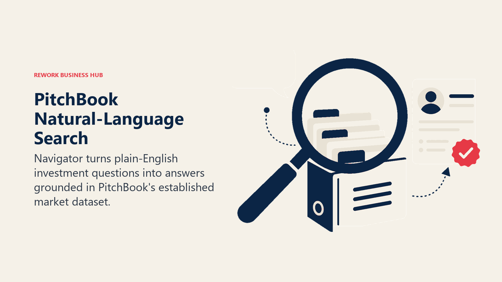 PitchBook Natural-Language Search illustrated with search lens over market archive