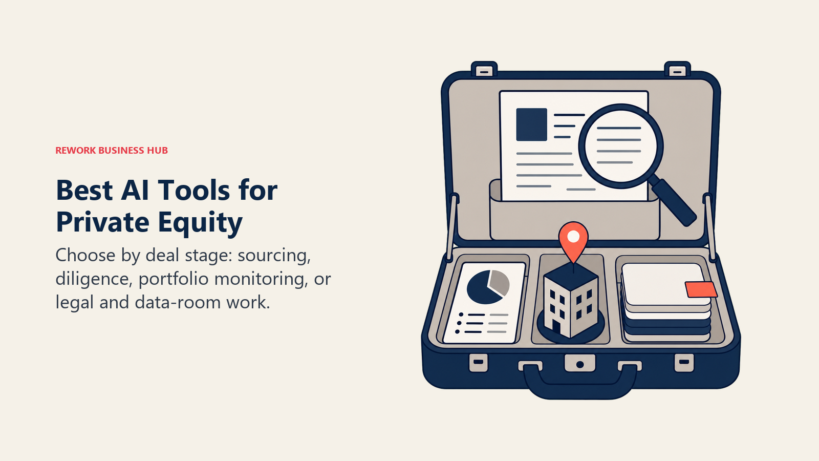Best AI tools for private equity shown as a due diligence briefcase with sourcing, research, and portfolio artifacts