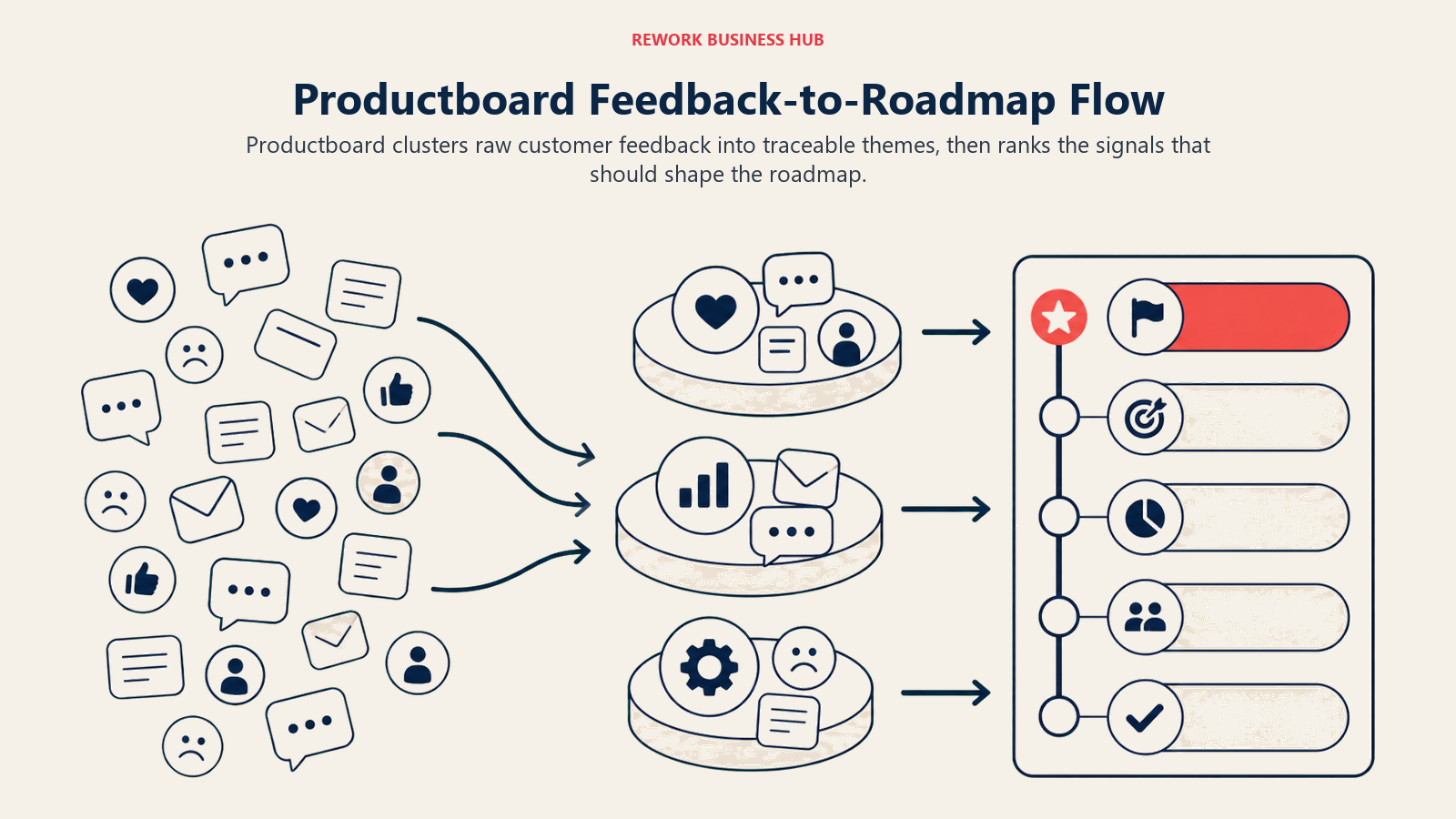 Productboard Feedback-to-Roadmap Flow shown as feedback clustering river