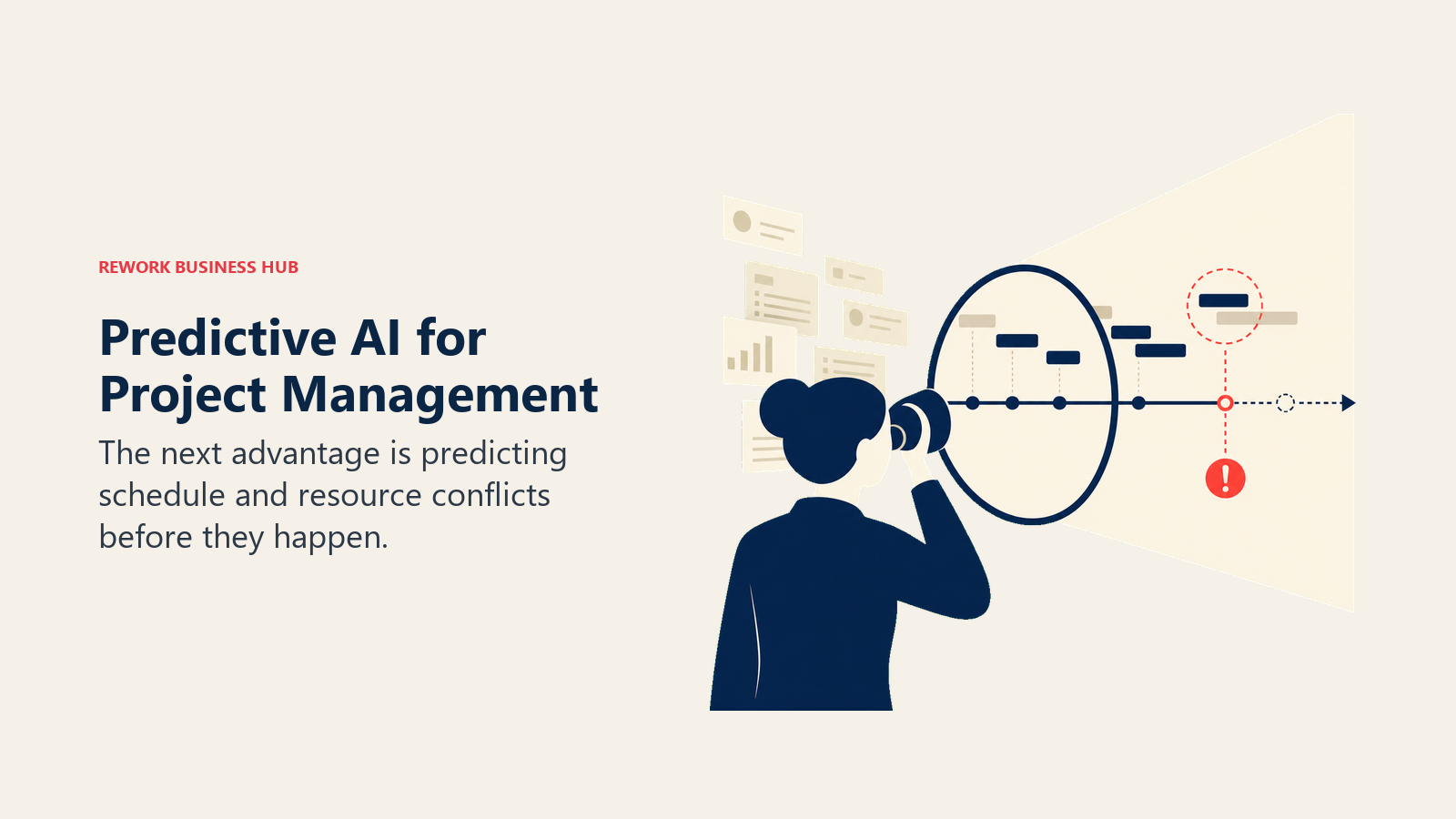 Predictive AI for Project Management illustrated as prediction lens spotting schedule slip and resource collision in advance