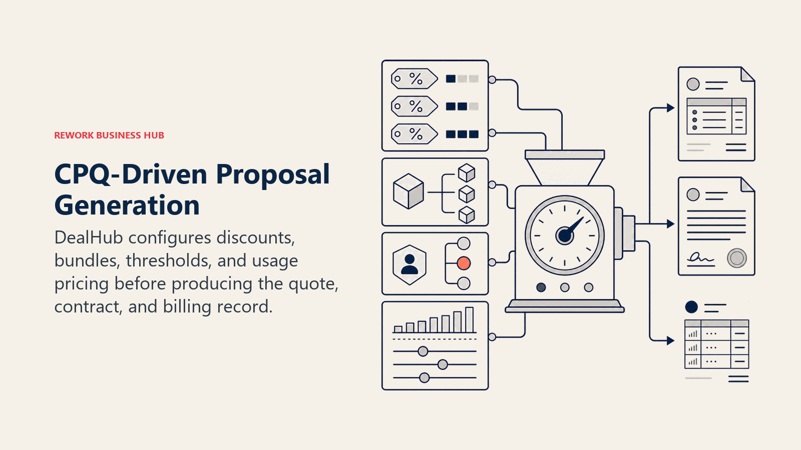 CPQ-Driven Proposal Generation, illustrated with pricing components entering a CPQ configuration dial