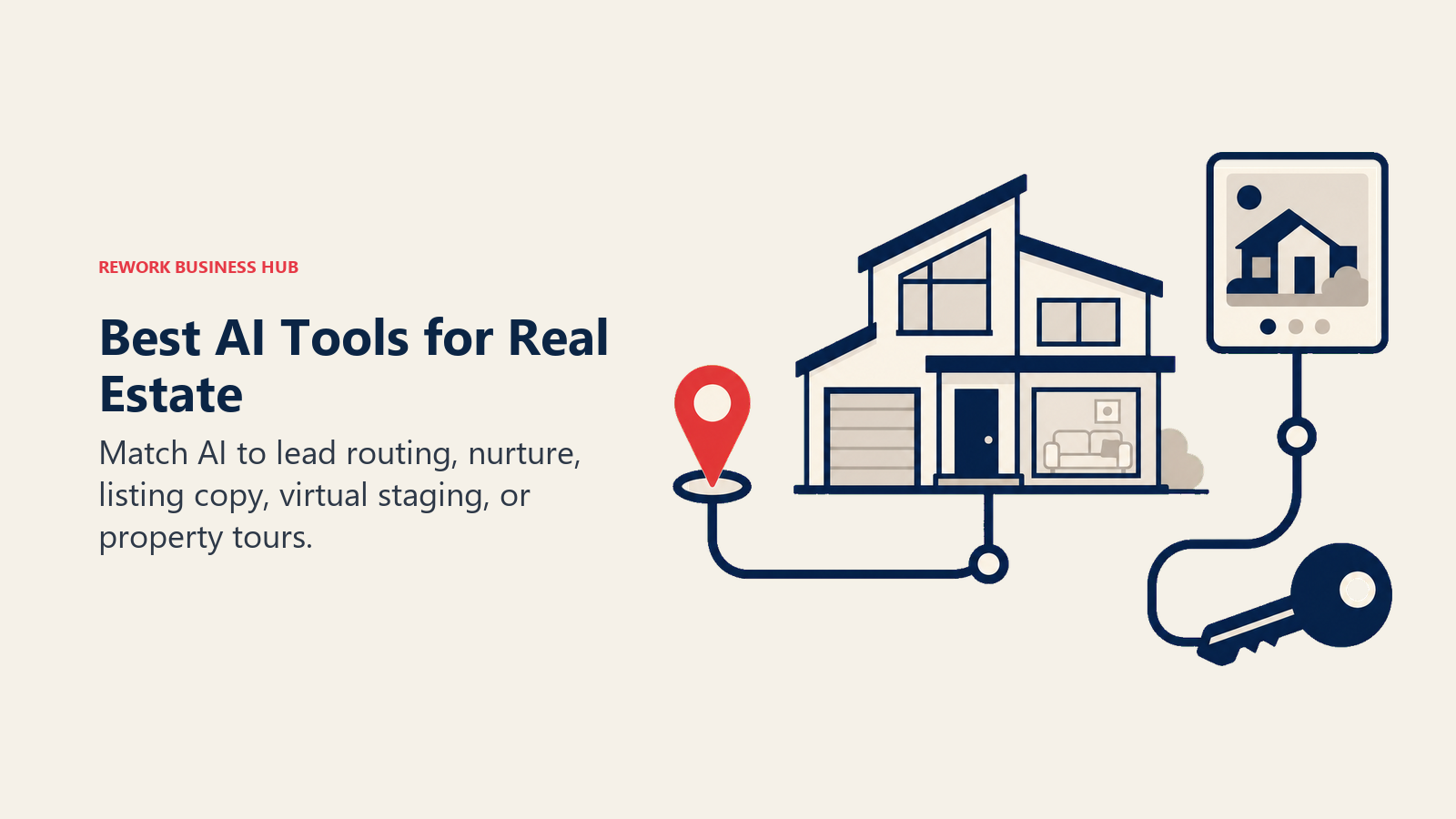 Best AI tools for real estate shown as a routed path from lead to listing and property key