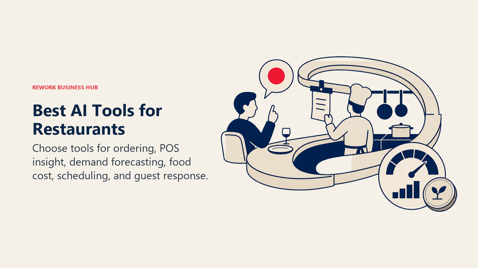 Best AI tools for restaurants shown as a voice order moving through a kitchen ticket to a demand forecast dial