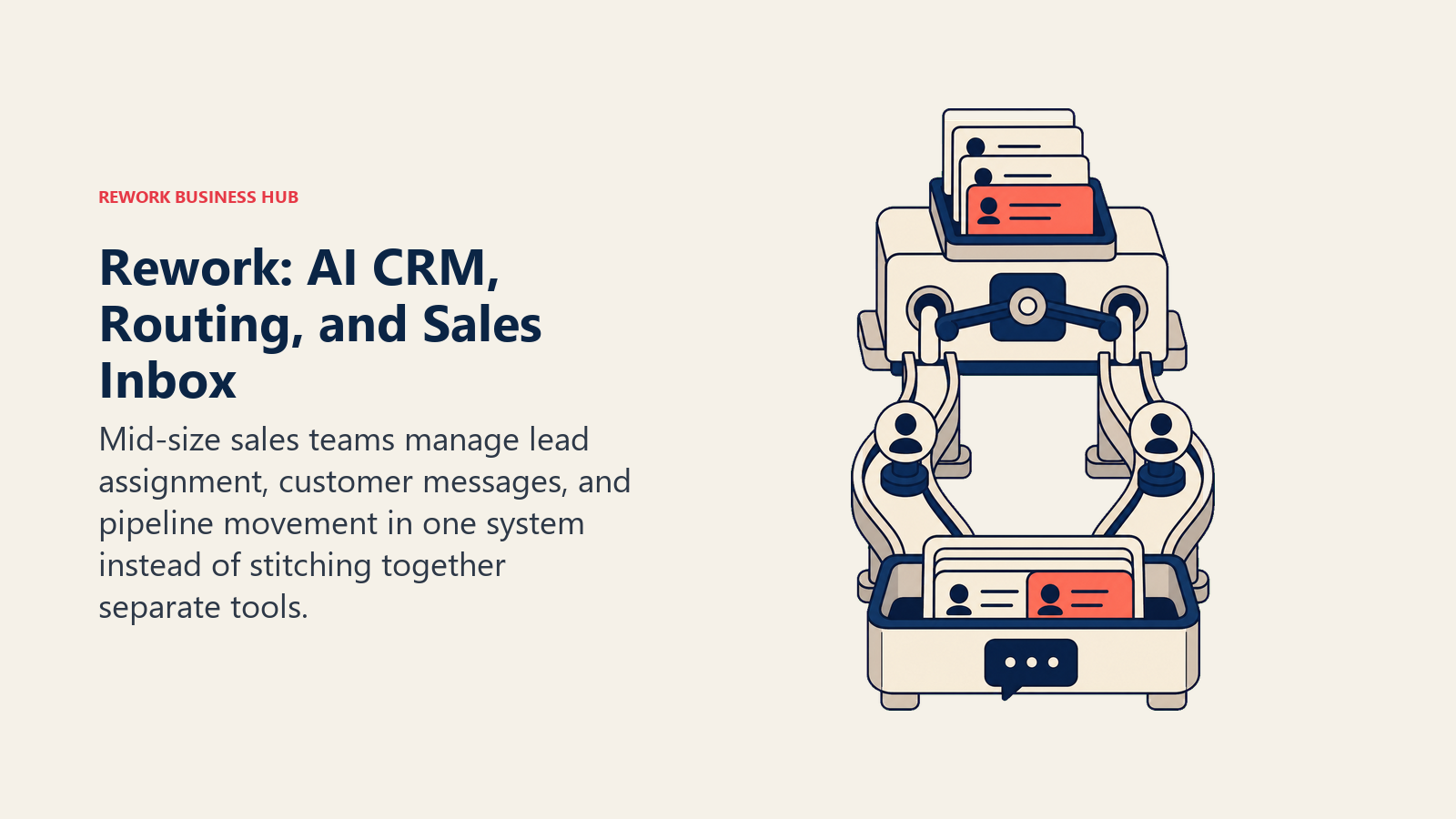 Rework: AI CRM, Routing, and Sales Inbox shown as sales routing switchboard integrated with a shared inbox.