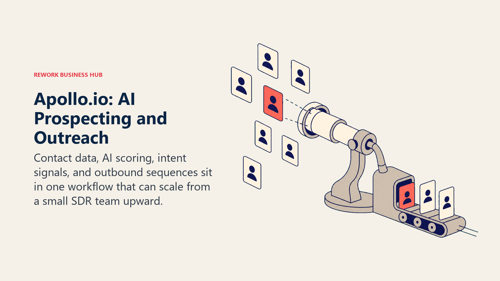 Apollo.io: AI Prospecting and Outreach shown as prospect telescope with sequence launcher.