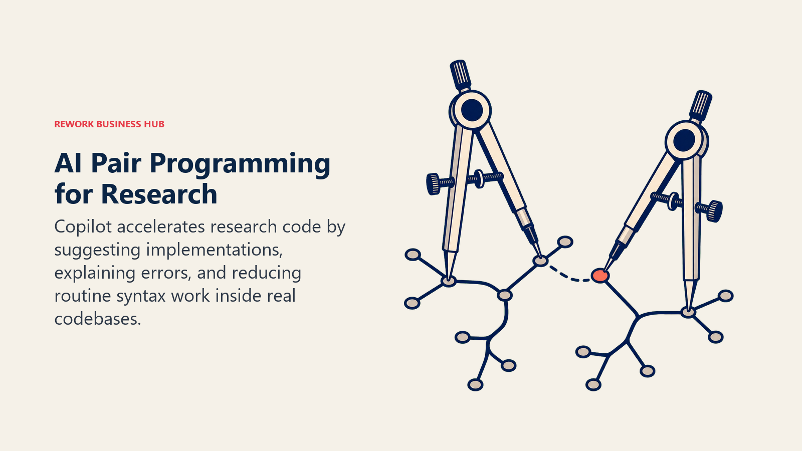 AI Pair Programming for Research shown as paired drafting compasses tracing one analysis path