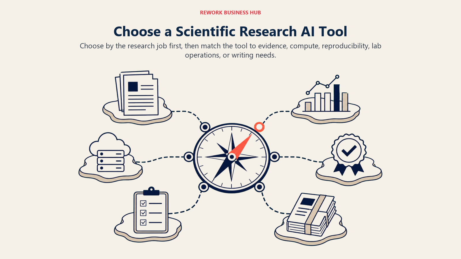 Choose a Scientific Research AI Tool shown as research decision compass with six destination artifacts