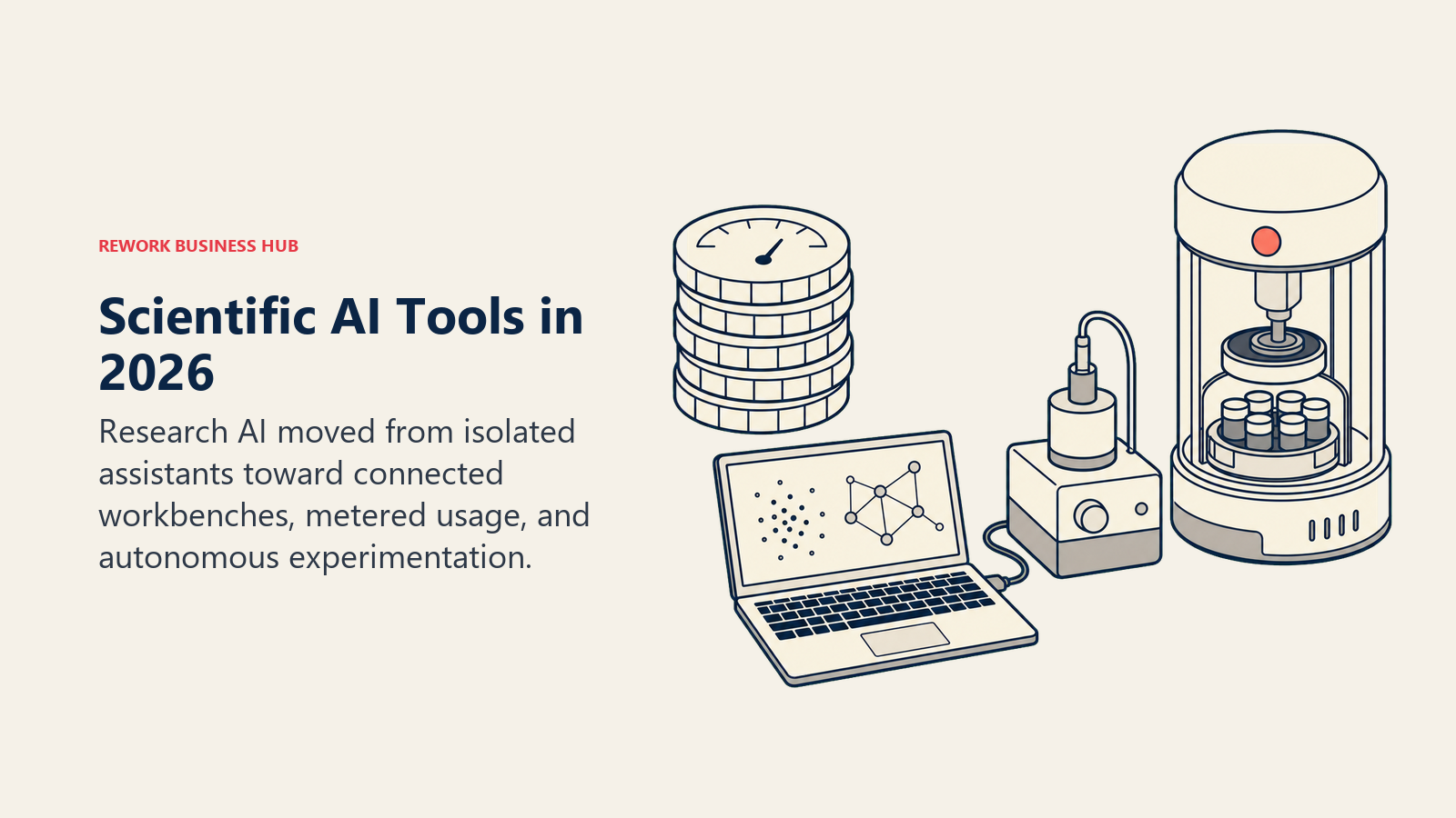 Scientific AI Tools in 2026 shown as research bench with credit tokens, a notebook, and an autonomous experiment capsule