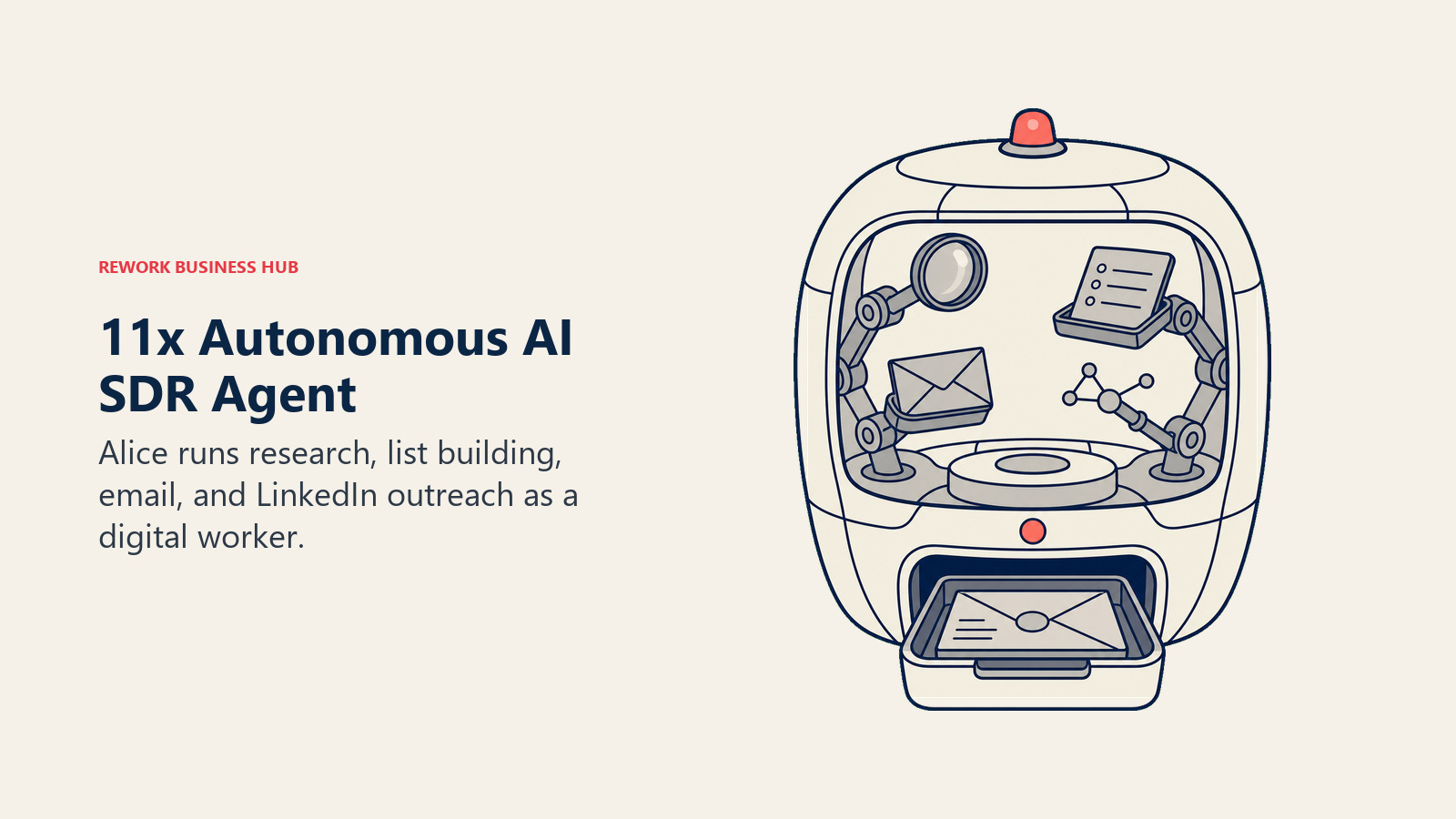 11x autonomous AI SDR agent shown as a self-contained outbound operator capsule with research and outreach tools