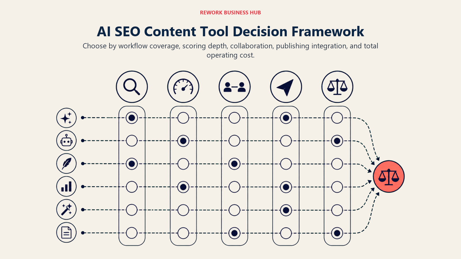 AI SEO Content Tool Decision Framework illustrated as five-criterion SEO decision matrix