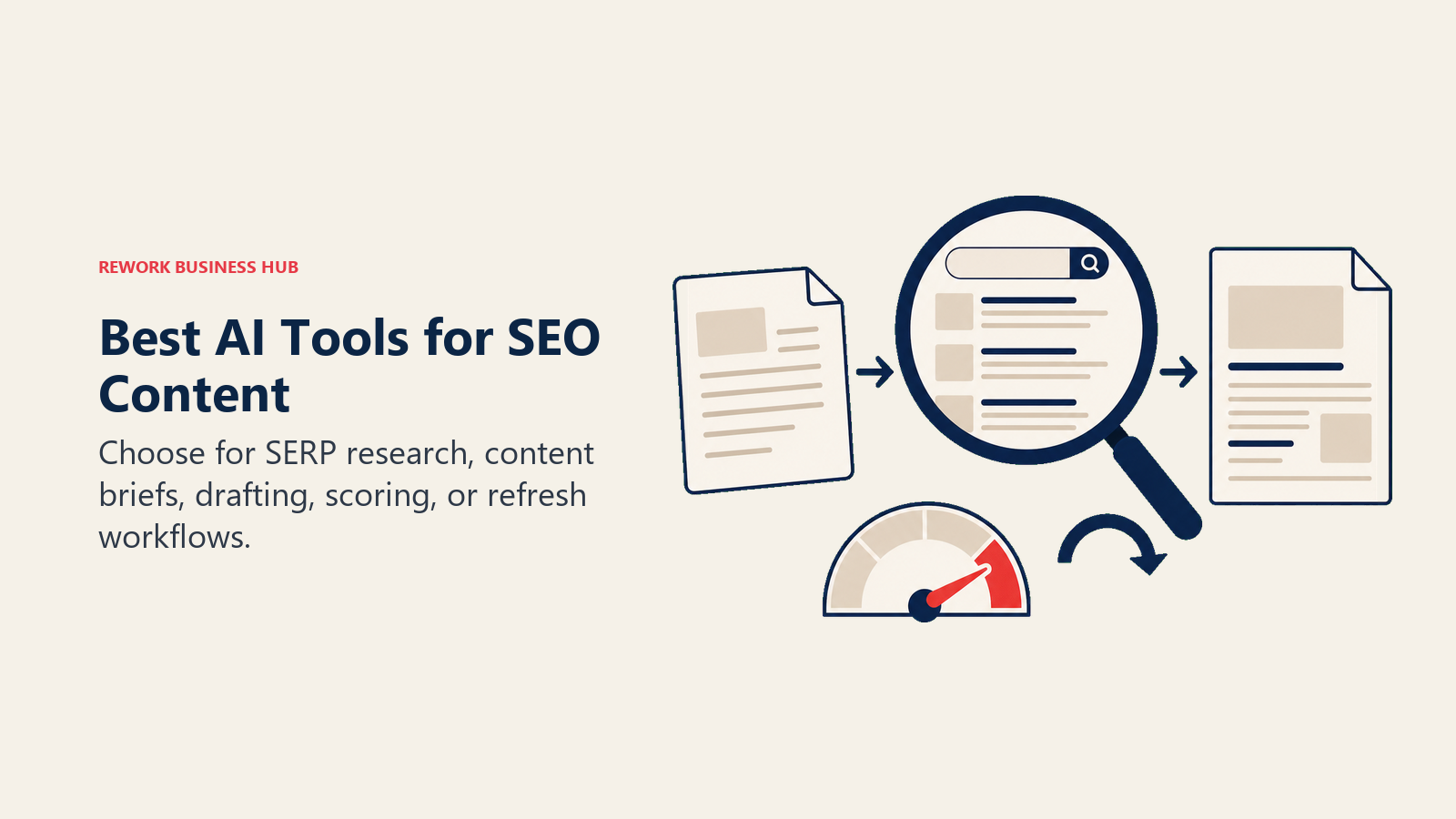 Best AI tools for SEO content shown as a draft passing through SERP research, scoring, and refresh