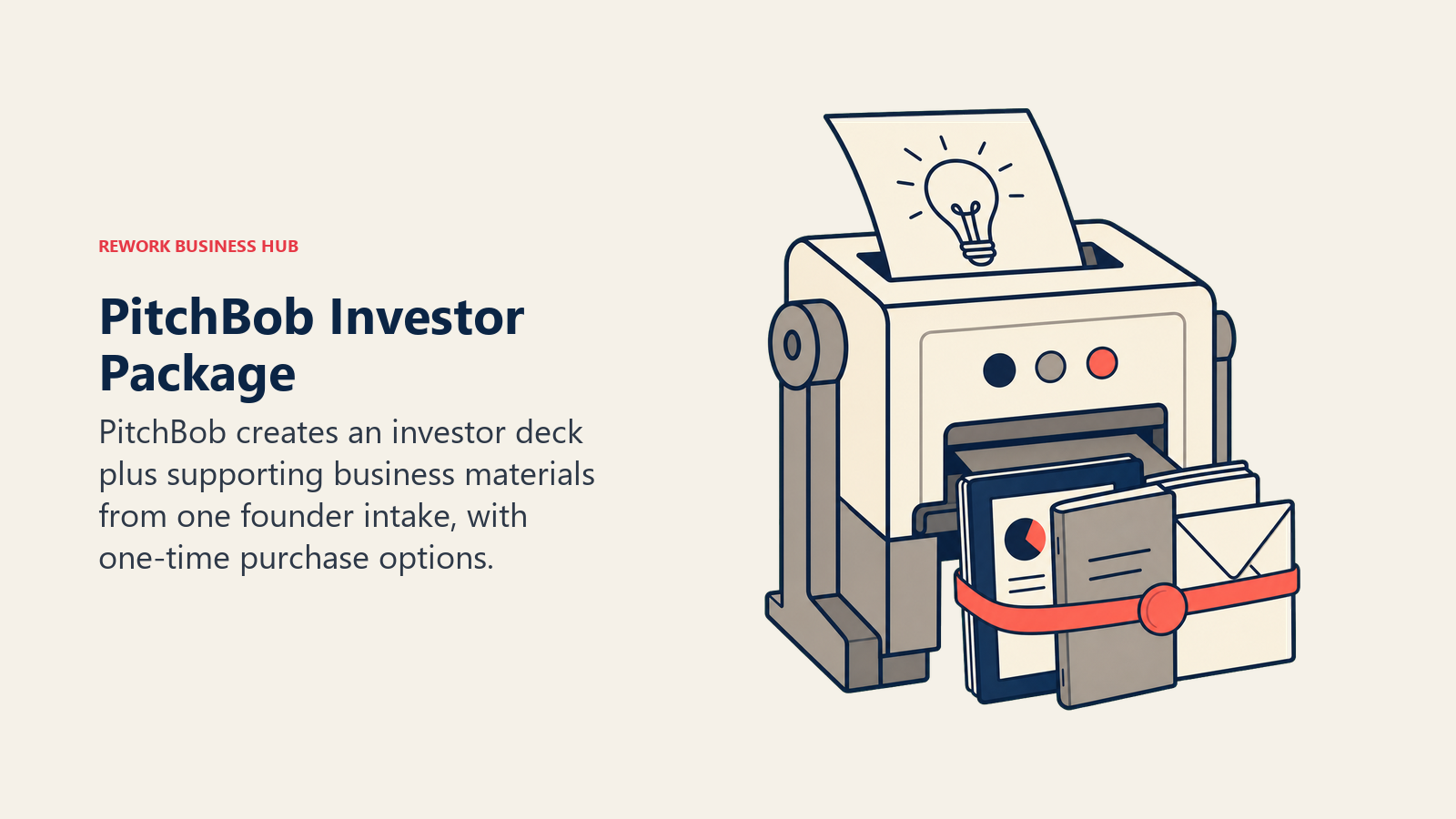 PitchBob Investor Package shown as founder brief press producing a deck and business plan