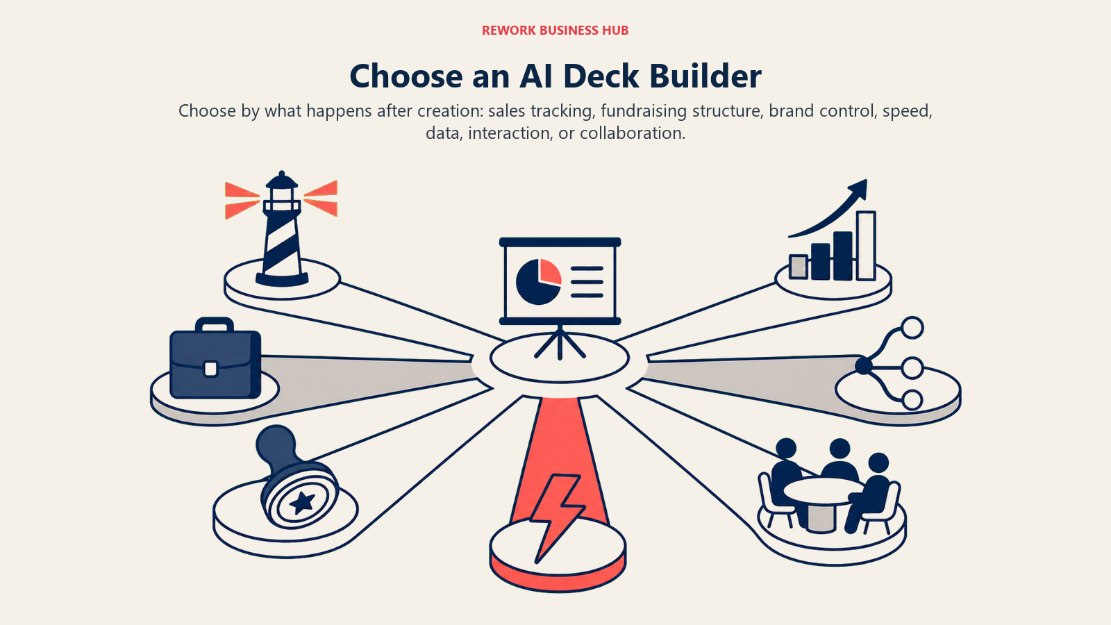 Choose an AI Deck Builder shown as deck decision theater with seven outcome lanes