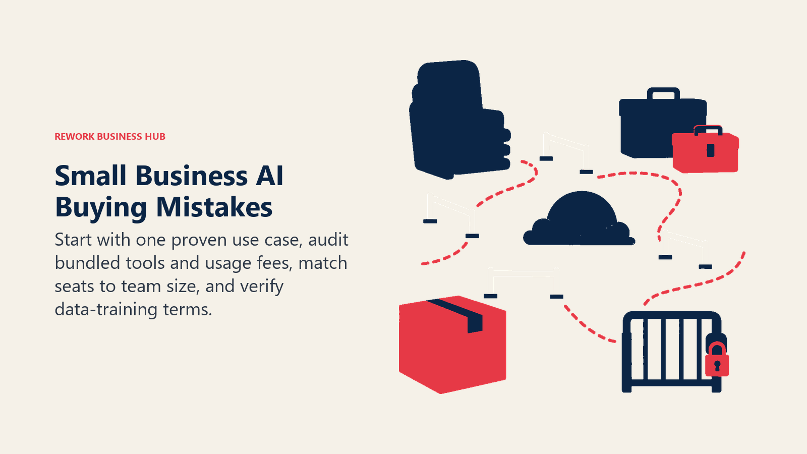 Small Business AI Buying Mistakes illustrated with guardrailed purchasing cart