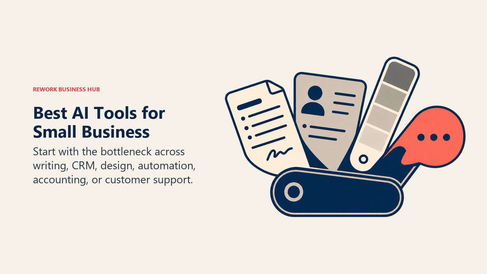 Best AI tools for small business represented by a compact toolkit for writing, CRM, design, accounting, and support