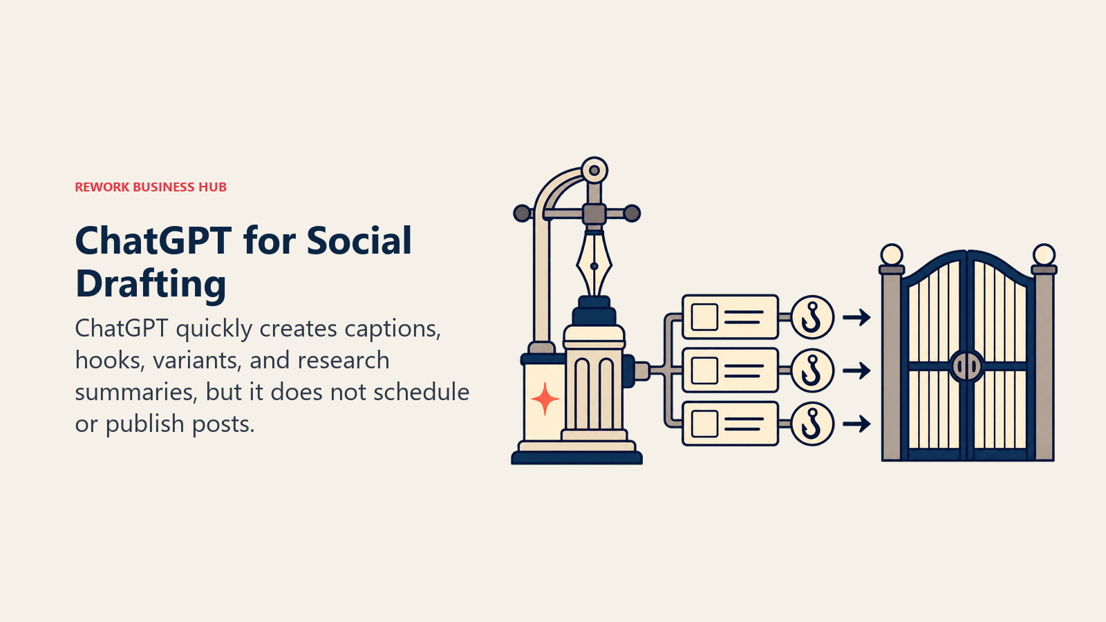ChatGPT for Social Drafting shown as drafting fountain and closed publish gate
