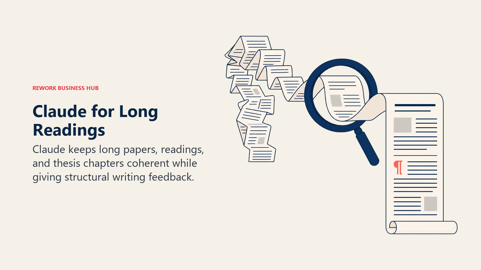 Claude for Long Readings shown as long paper scroll and reading lens