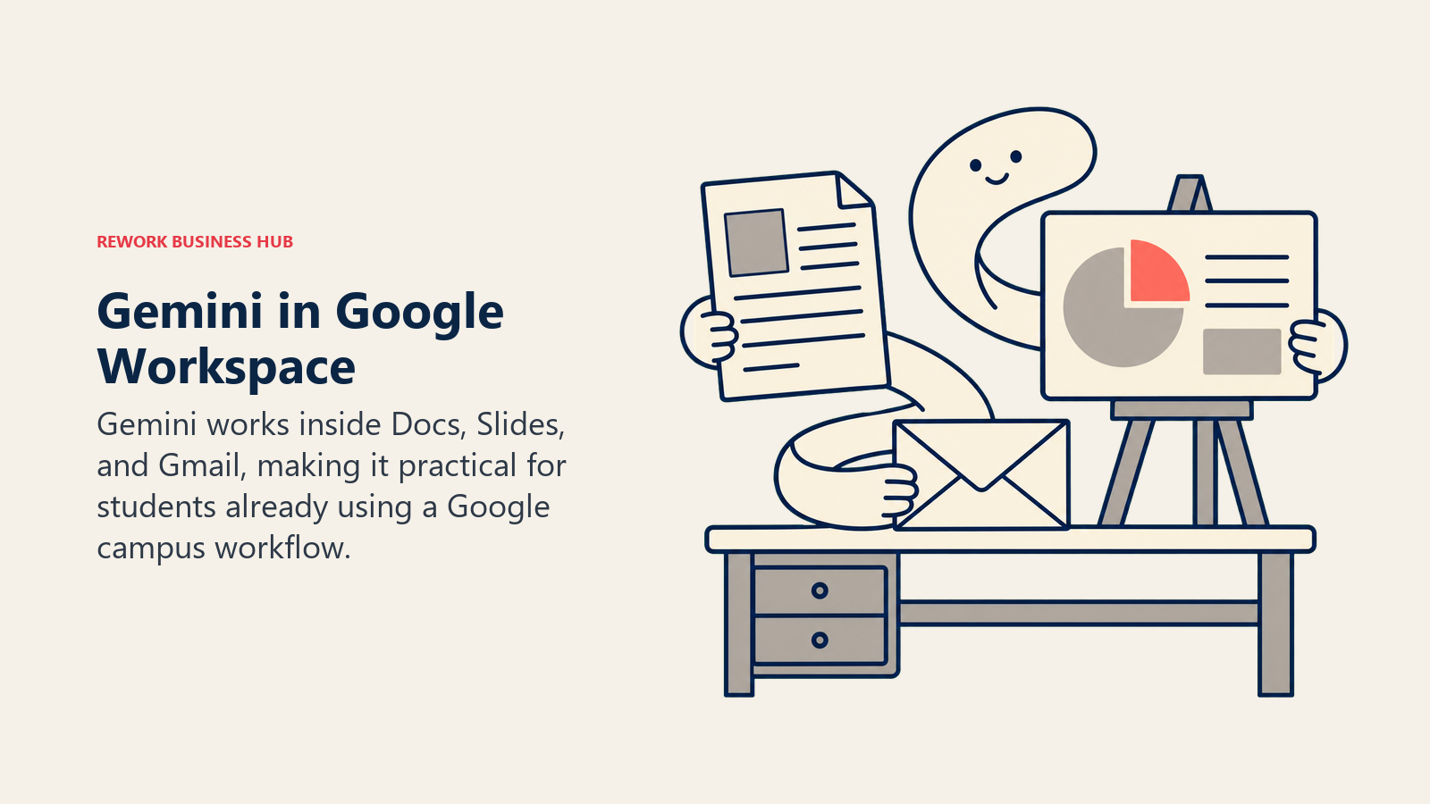 Gemini in Google Workspace shown as three connected workspace artifacts on a desk