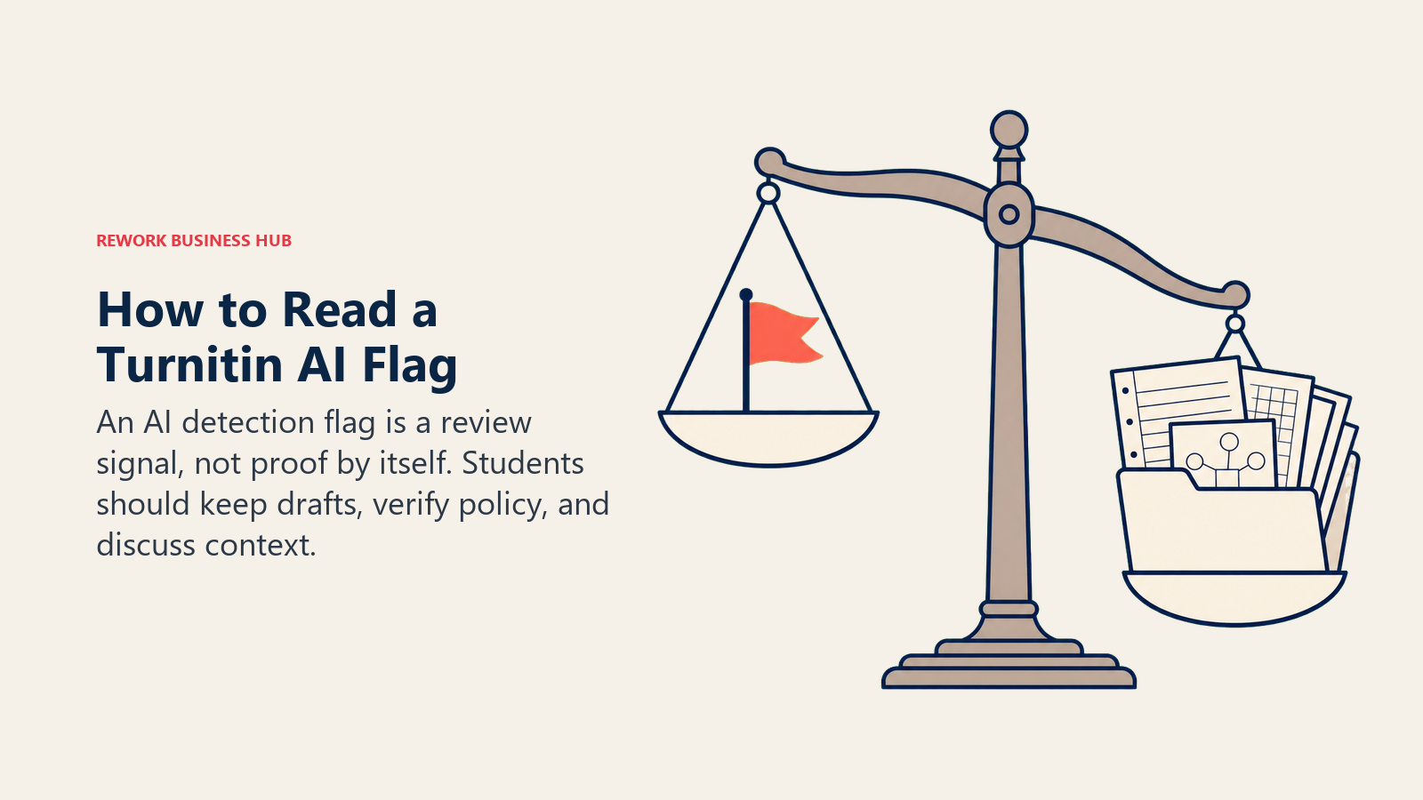 How to Read a Turnitin AI Flag shown as balance scale with flag and draft folder