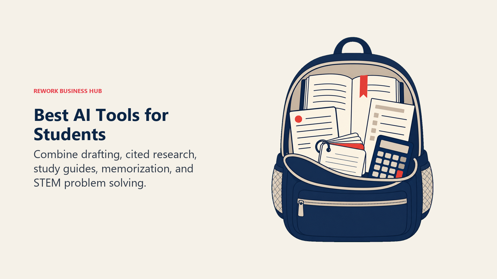 Best AI tools for students shown as an organized backpack with research, study, and STEM tools