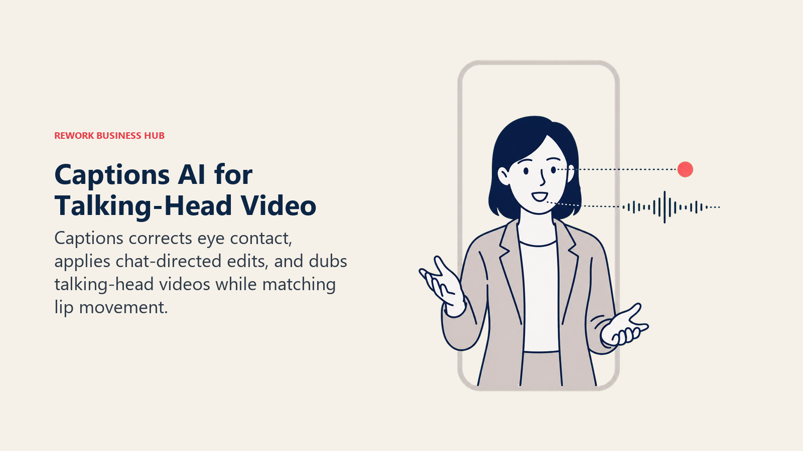 Captions AI for Talking-Head Video shown as waist-up presenter aligned to camera lens