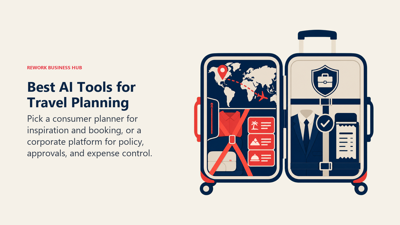 Best AI tools for travel planning shown as consumer itinerary and corporate policy routes