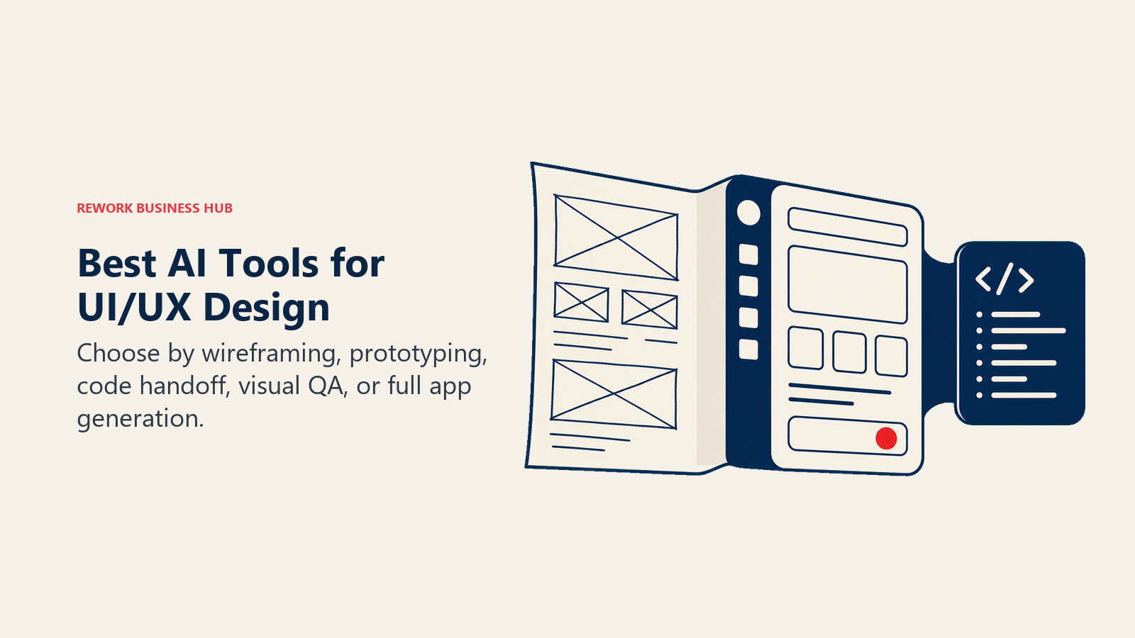 Best AI tools for UI and UX design shown as a wireframe folding into a polished prototype and code handoff
