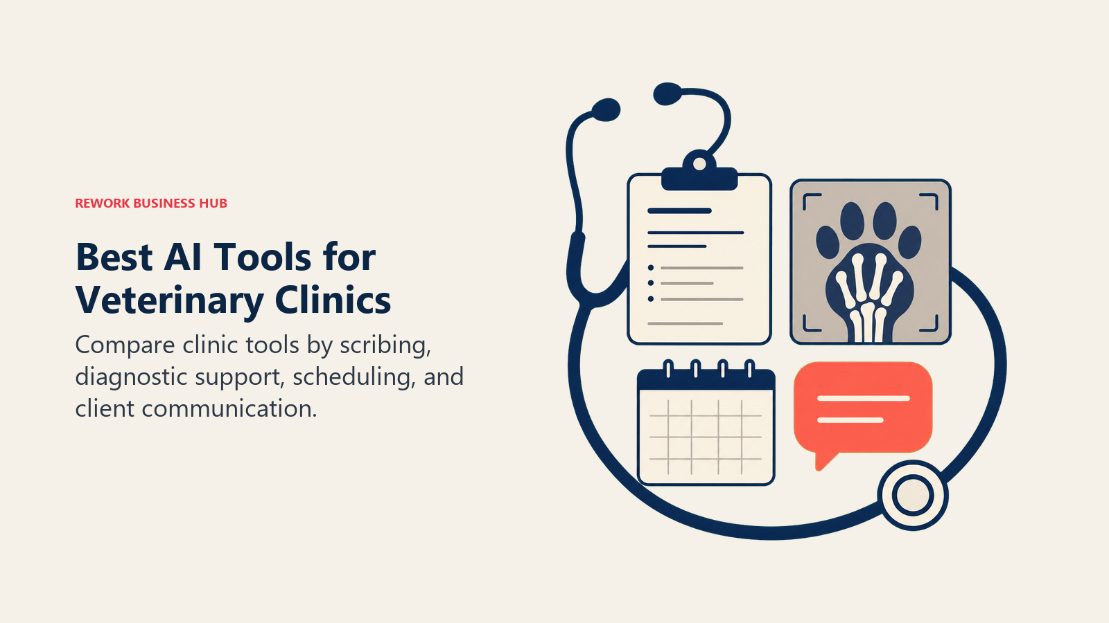 Best AI tools for veterinary clinics represented by a stethoscope around SOAP notes, diagnostic imaging, scheduling, and client communication