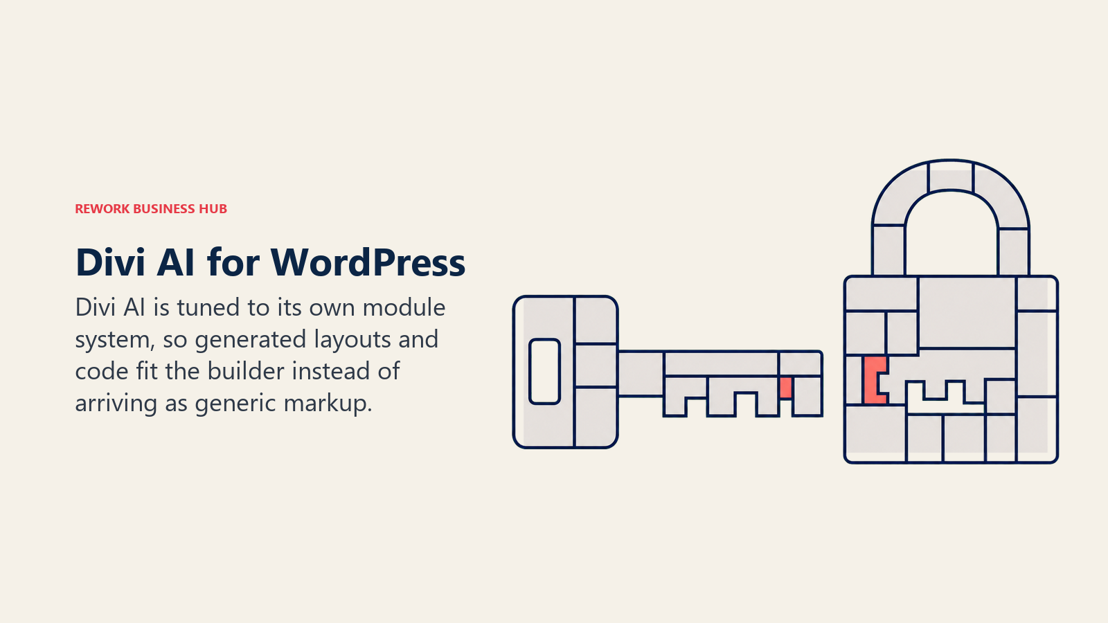 Divi AI shown as a module-shaped key fitted to its WordPress builder codebase