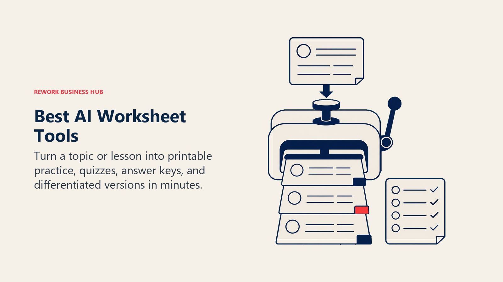 Best AI worksheet tools shown as one lesson turning into differentiated printable sheets, quizzes, and an answer key