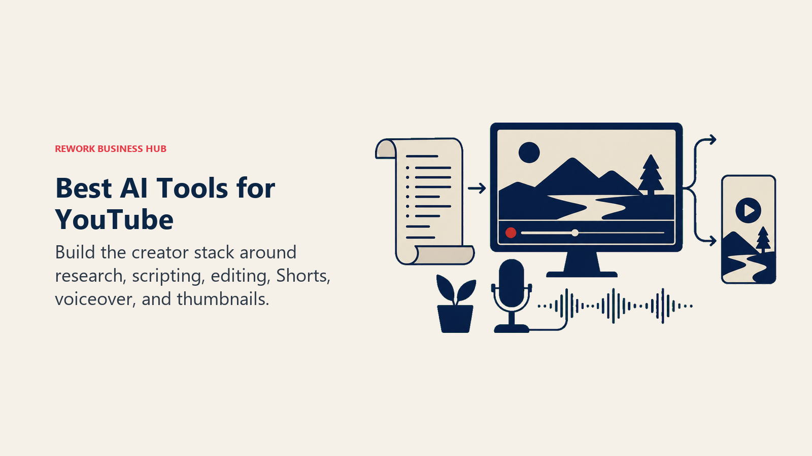 Best AI tools for YouTube shown as a creator script feeding a main video, thumbnail, and Shorts workflow
