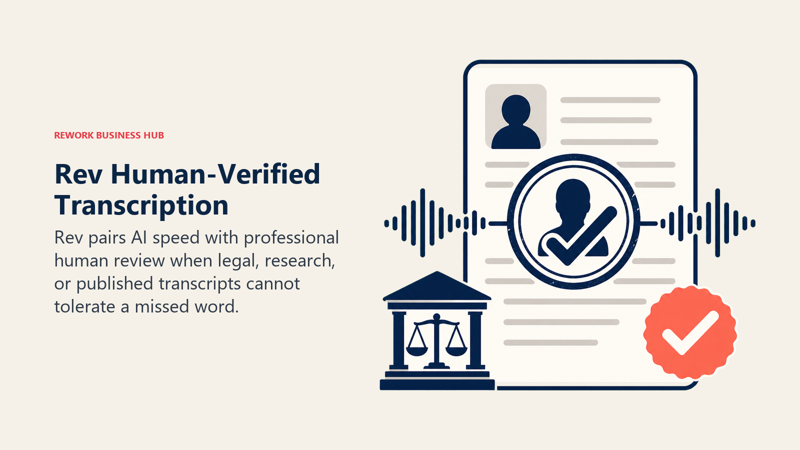 Rev human-verified transcription shown as an audio transcript receiving a professional accuracy seal