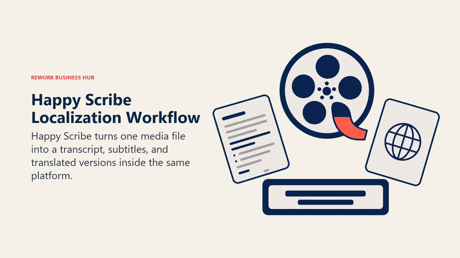 Happy Scribe localization workflow with one media reel producing transcripts, subtitles, and translations