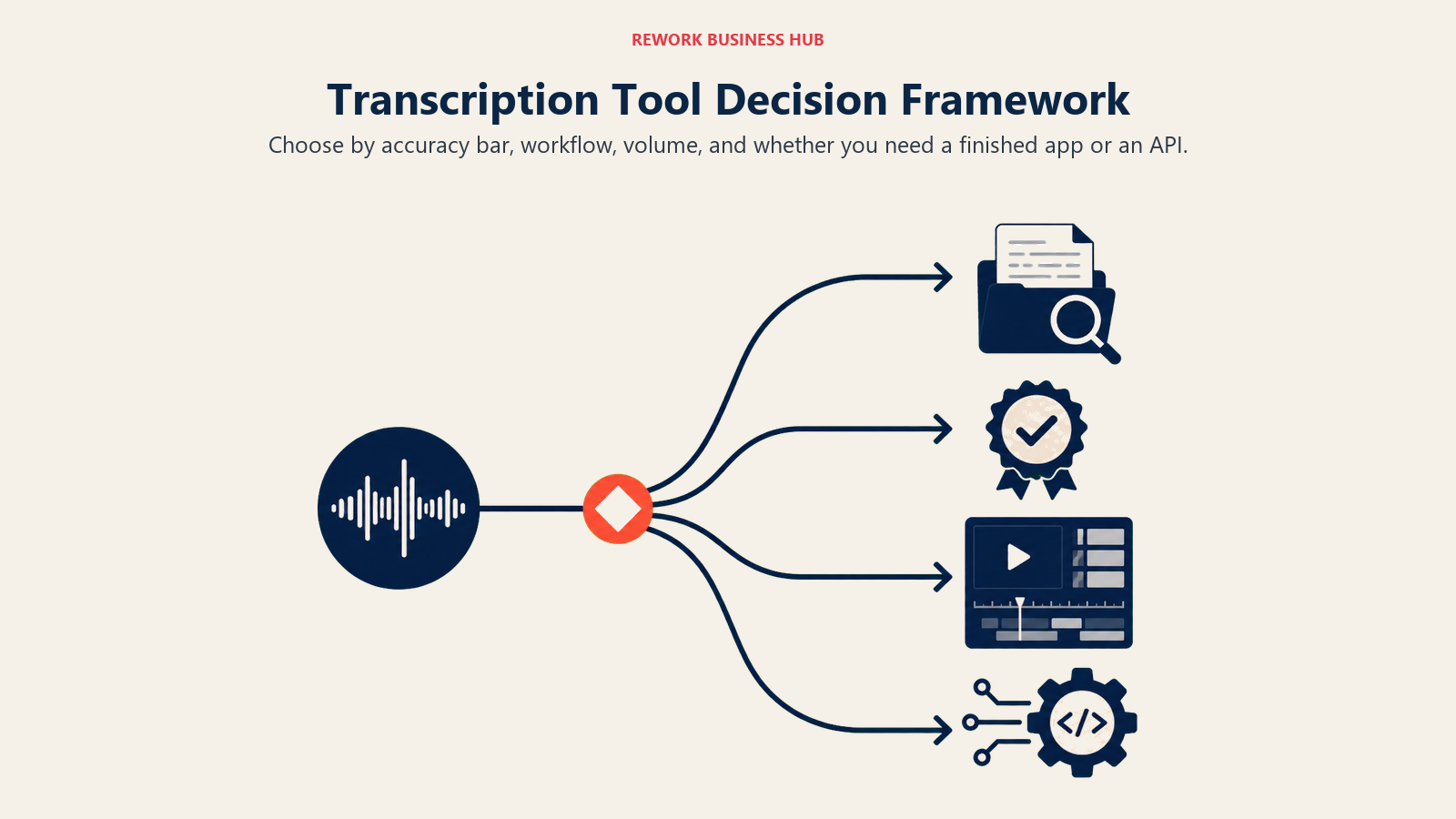 Transcription tool decision framework routing audio work by accuracy, workflow, volume, and app versus API needs
