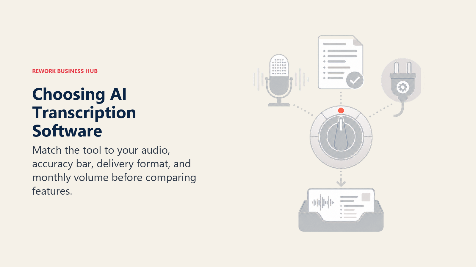 Choosing AI transcription software with an audio, accuracy, format, and volume selector