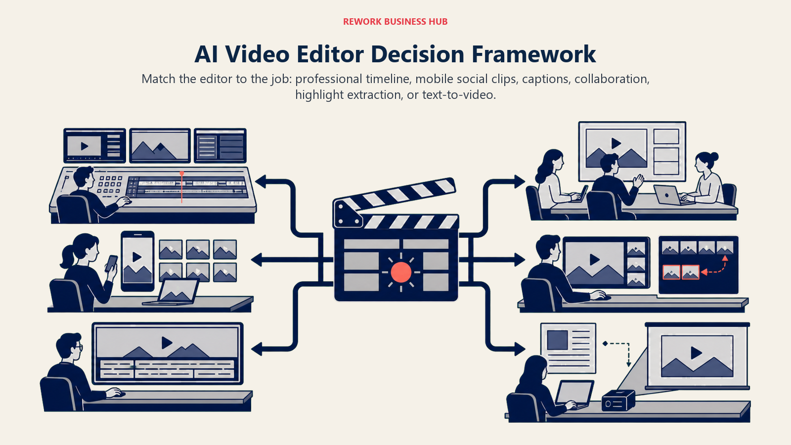 AI video editor decision framework routing footage to six editing workflows