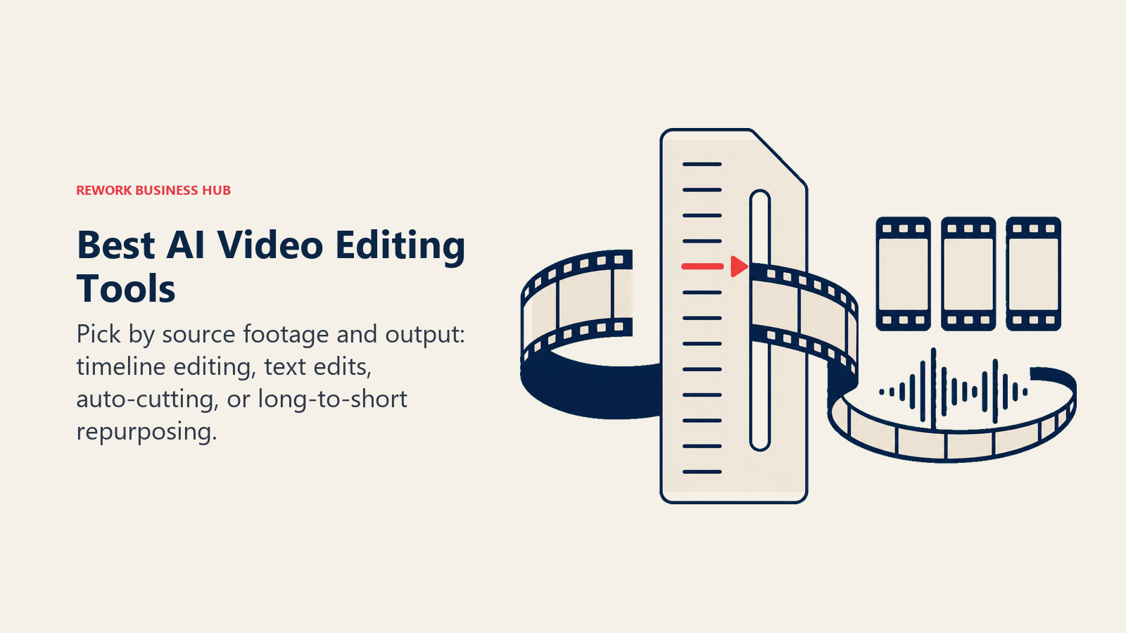 Best AI video editing tools shown as a long filmstrip edited through a transcript into polished short clips