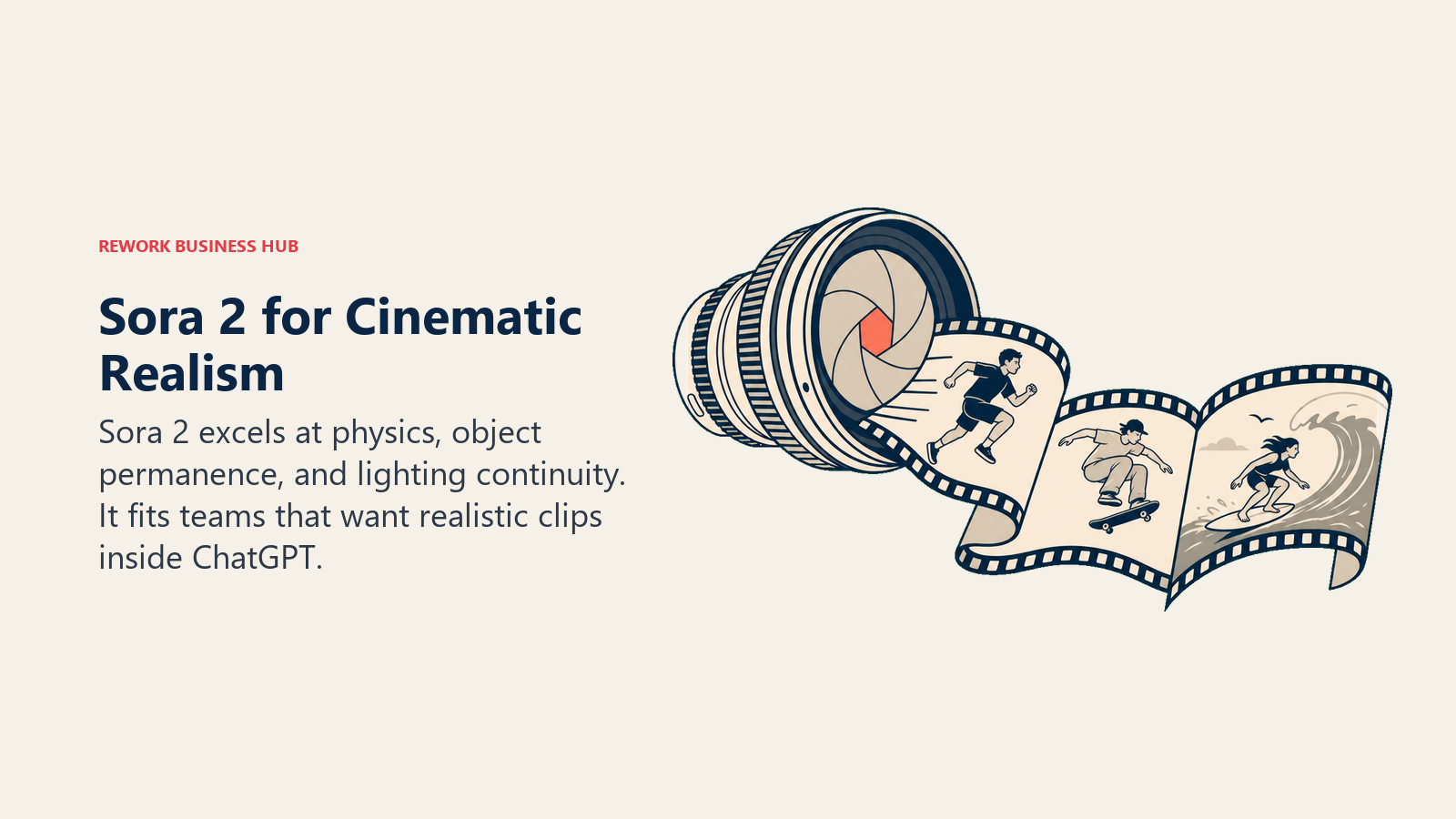 Sora 2 cinematic realism shown as a camera lens preserving motion and lighting across frames