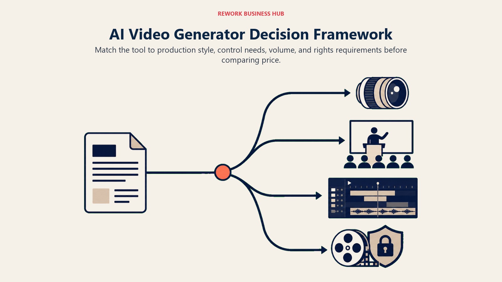 AI video generator decision framework routing teams by production style, control, volume, and rights