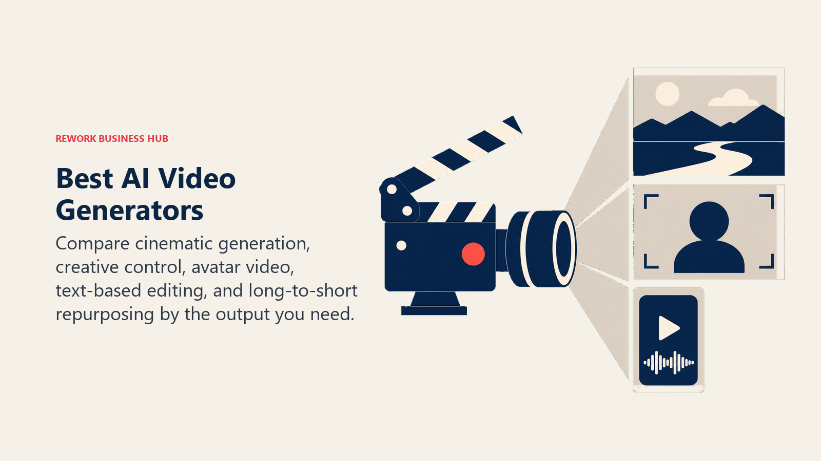 Best AI video generators shown as a director lens producing cinematic, avatar, and social video formats