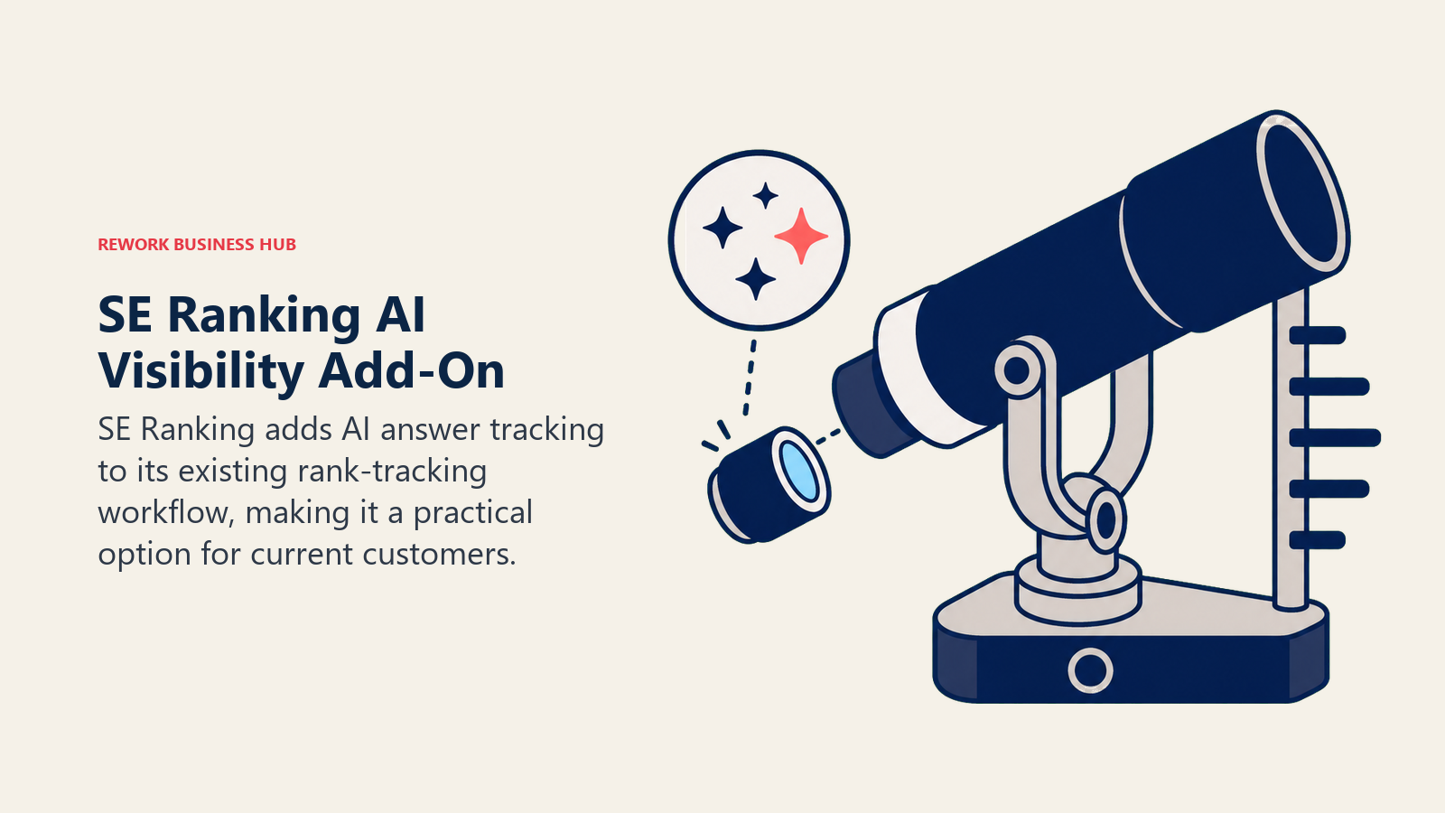 SE Ranking AI visibility add-on shown as an AI search lens attached to a traditional rank-tracking telescope