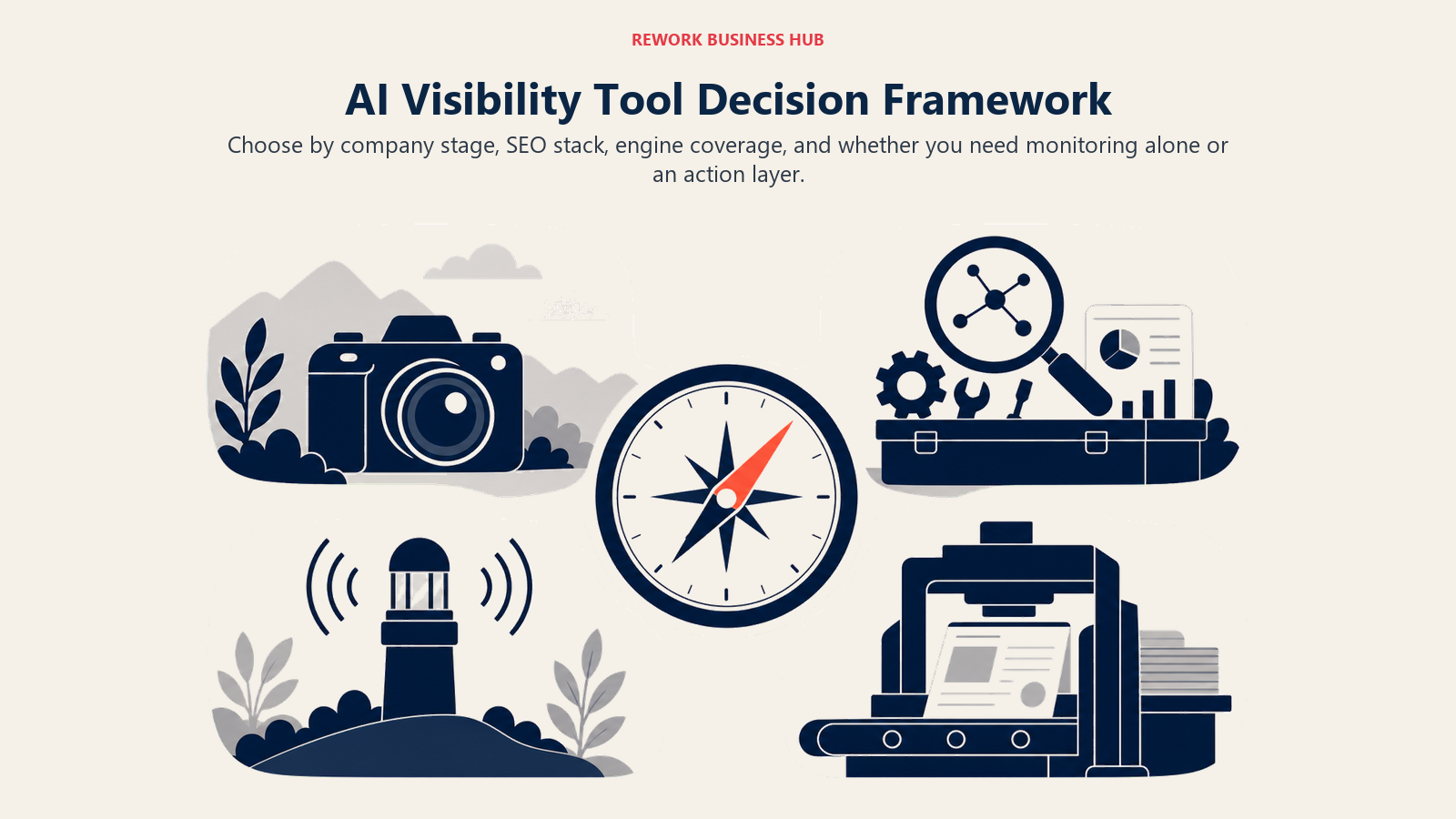 AI visibility tool decision framework comparing free snapshots, SEO add-ons, ongoing monitoring, and enterprise action platforms