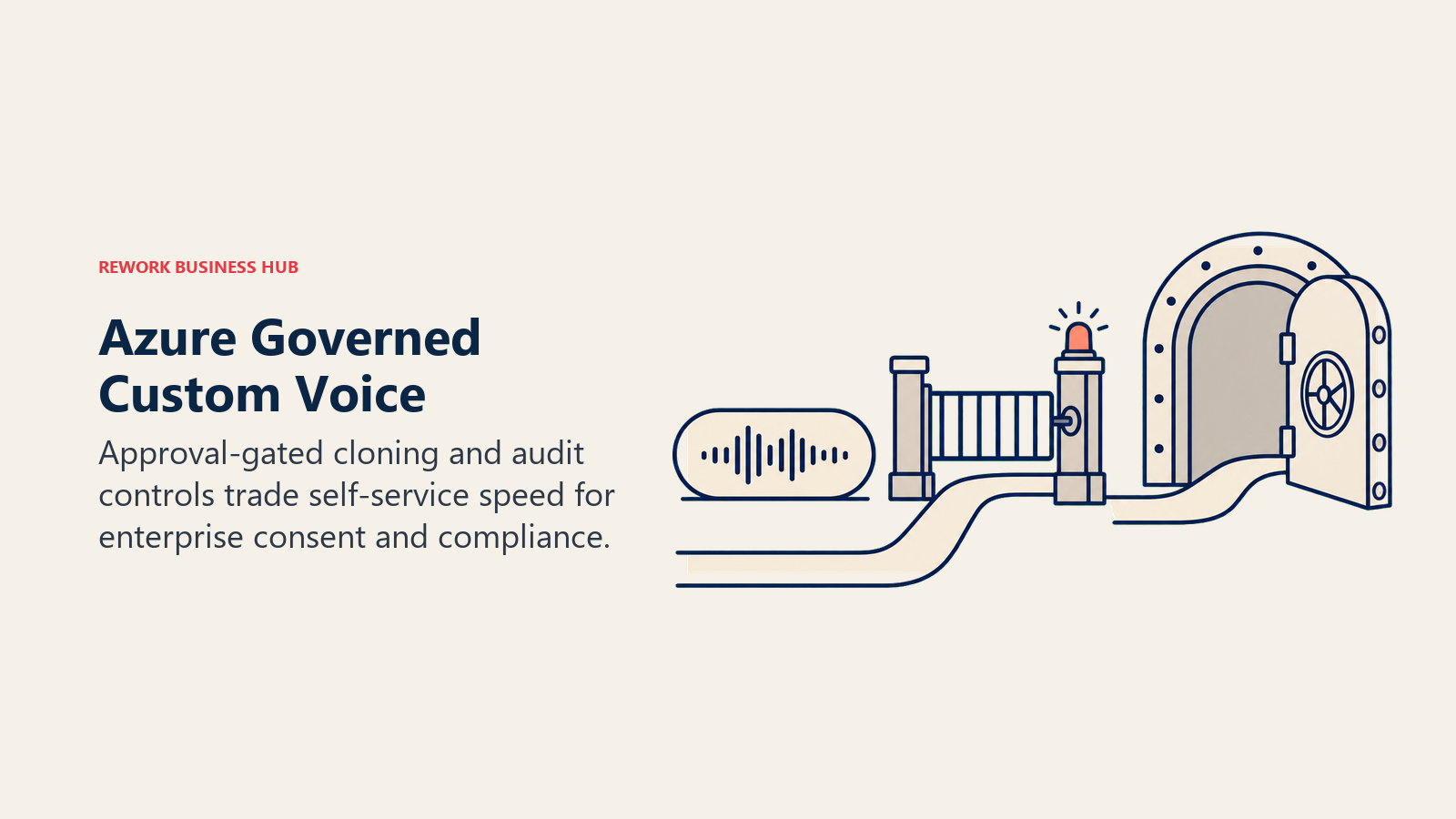 Custom voice waveform passing through an enterprise approval gate into a secure vault